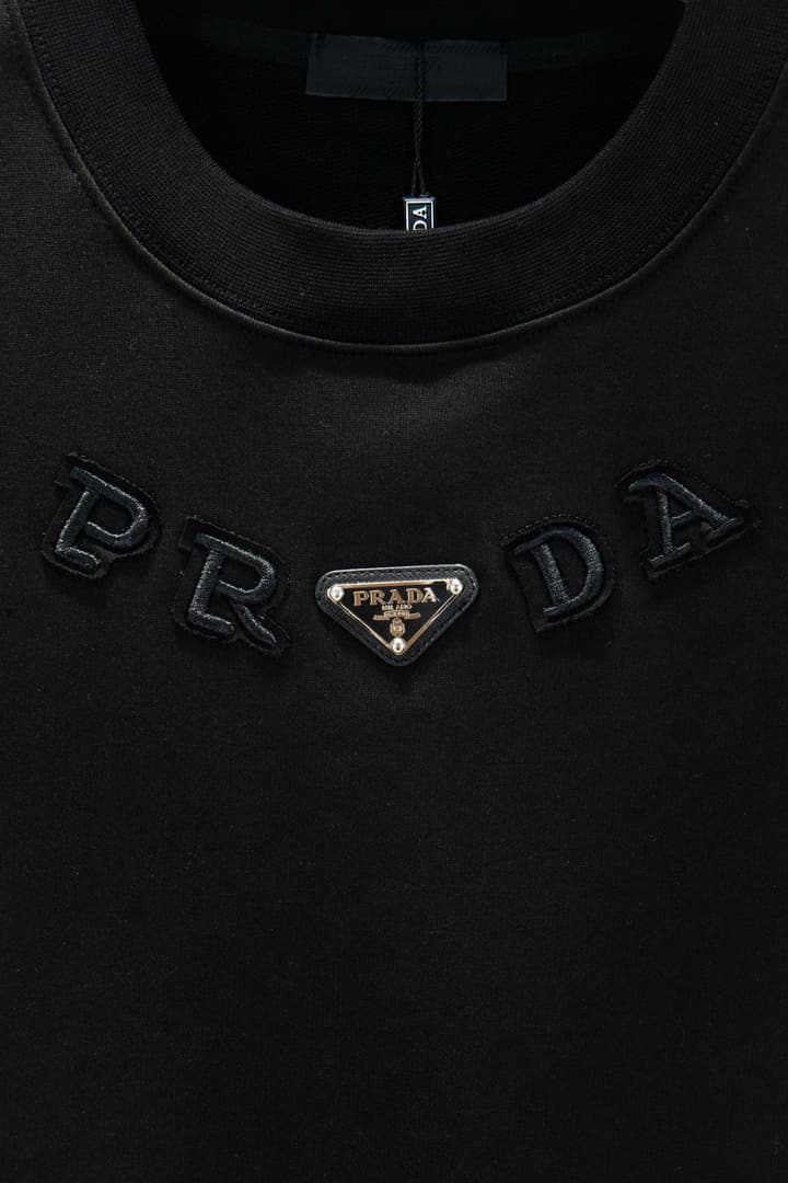 Prada Oversize Heavyweight Embroidered Sweatshirt in Black Crewneck