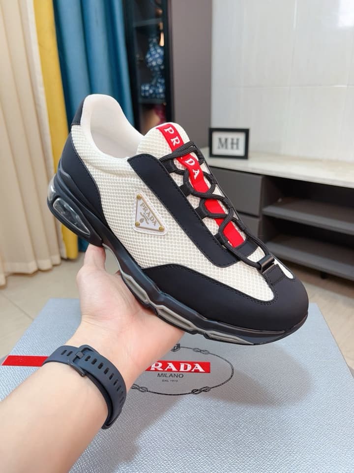 Prada Men's Air Cushion Sneakers in Cream And Black Panel