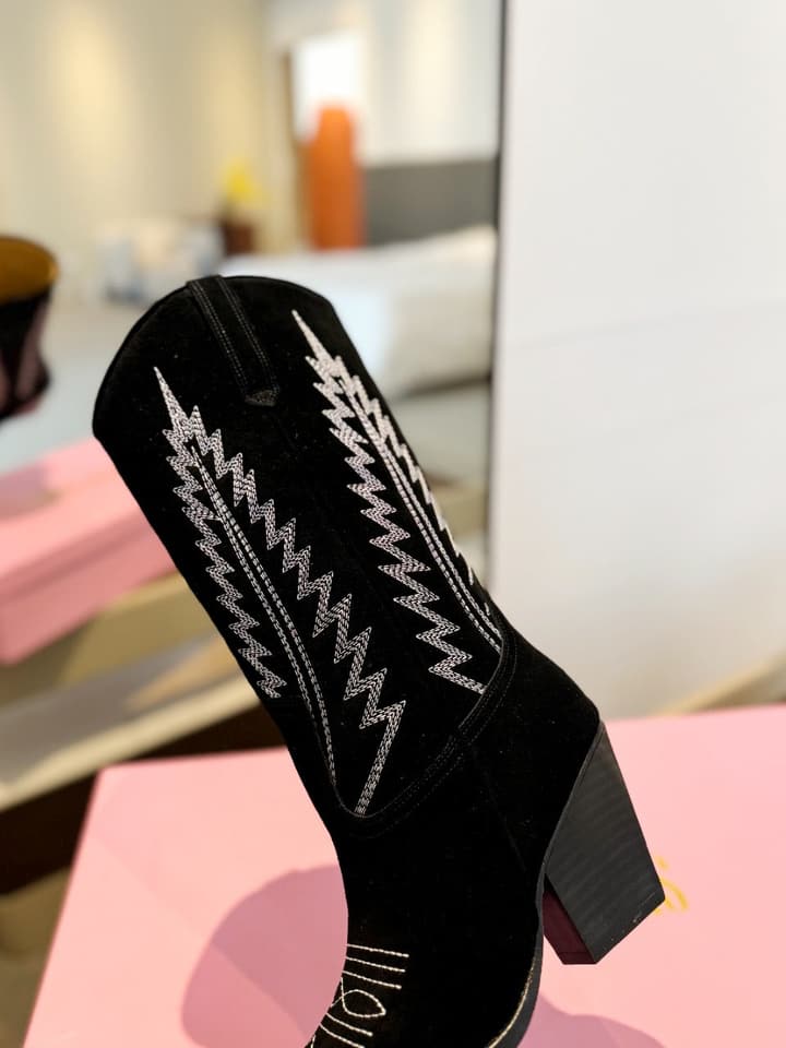 Paris Texas Embroidered Knee-High Boots in Black Suede
