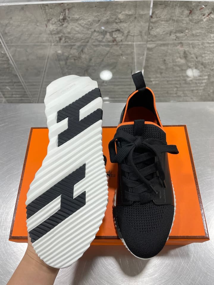 Hermès Sport Sneakers – Iconic Orange Edge in Black Knit With Black Laces
