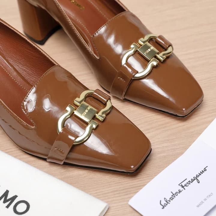 Ferragamo Classic Square Toe Pumps in Brown