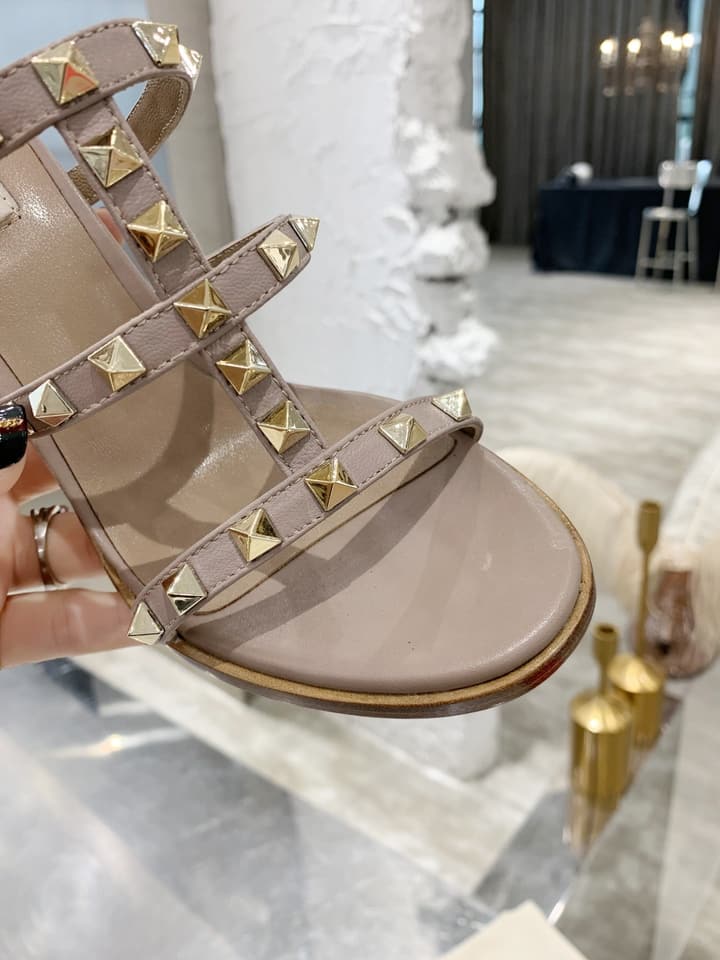 Valentino Studded Classic Block Heel Sandals in Beige