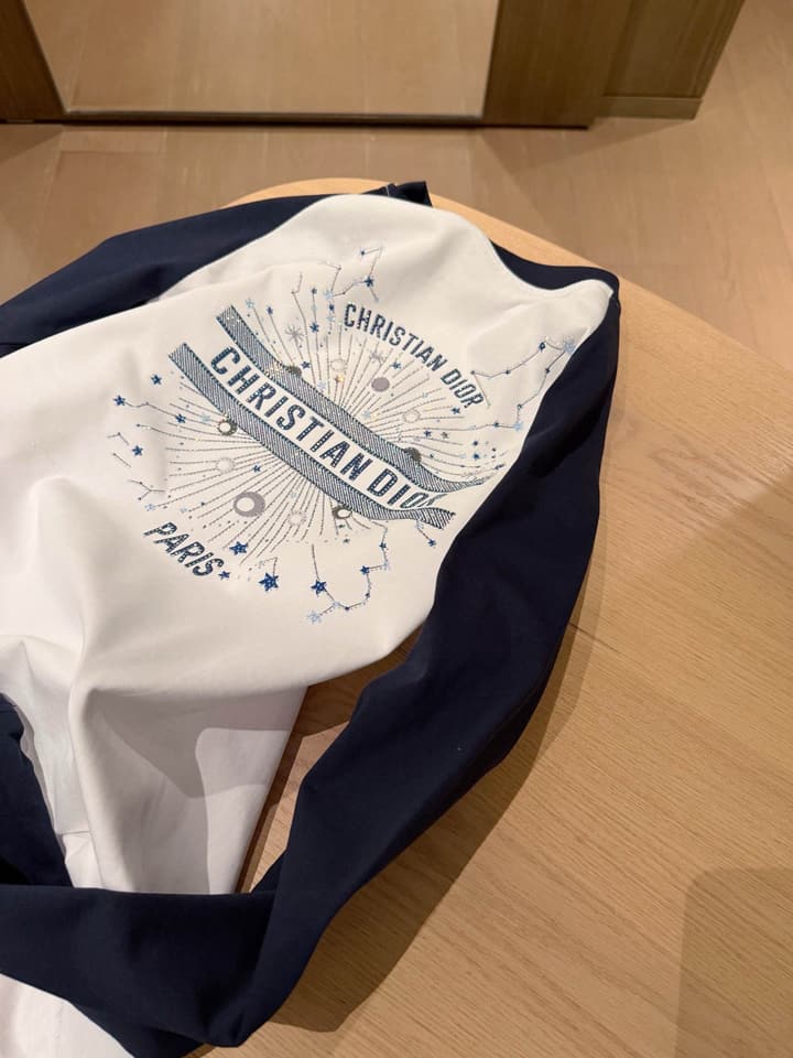 Dior Constellation Print Rhinestone Raglan T-Shirt in White With Navy Blue Sleeves