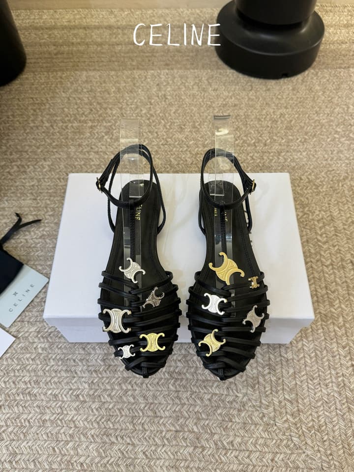 Celine Triomphe Ankle Strap Sandals – Spring/Summer Collection in Black - Large Logo Flats