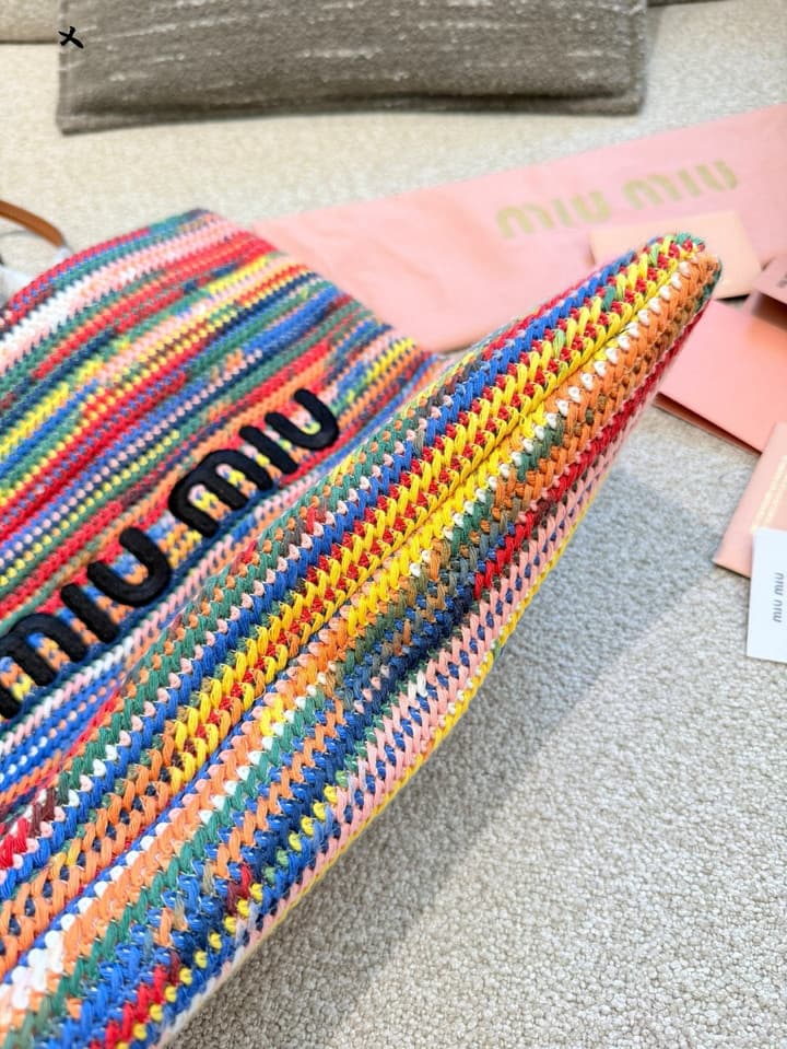 Miu Miu Rainbow Knit Crochet Tote Bag in Multi-Color Rainbow Knit