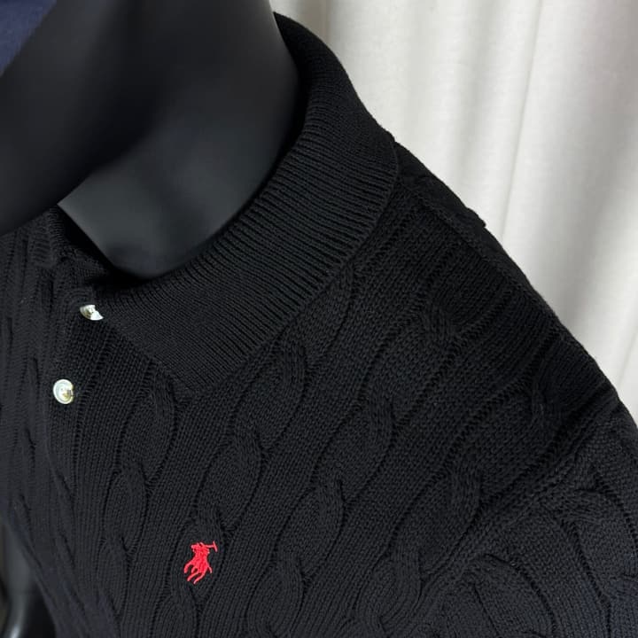 Ralph Lauren Classic Cable Knit Polo Sweater in Black