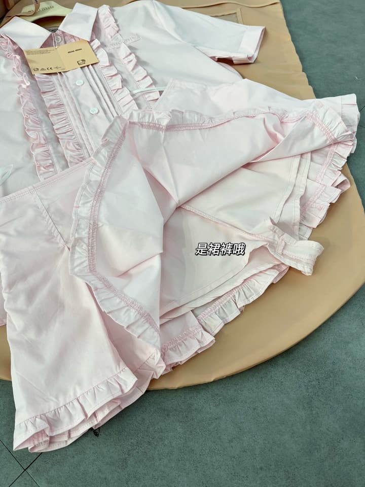 Miu Miu Embroidered Ruffle Shirt and Pleated Skort Set in Pink