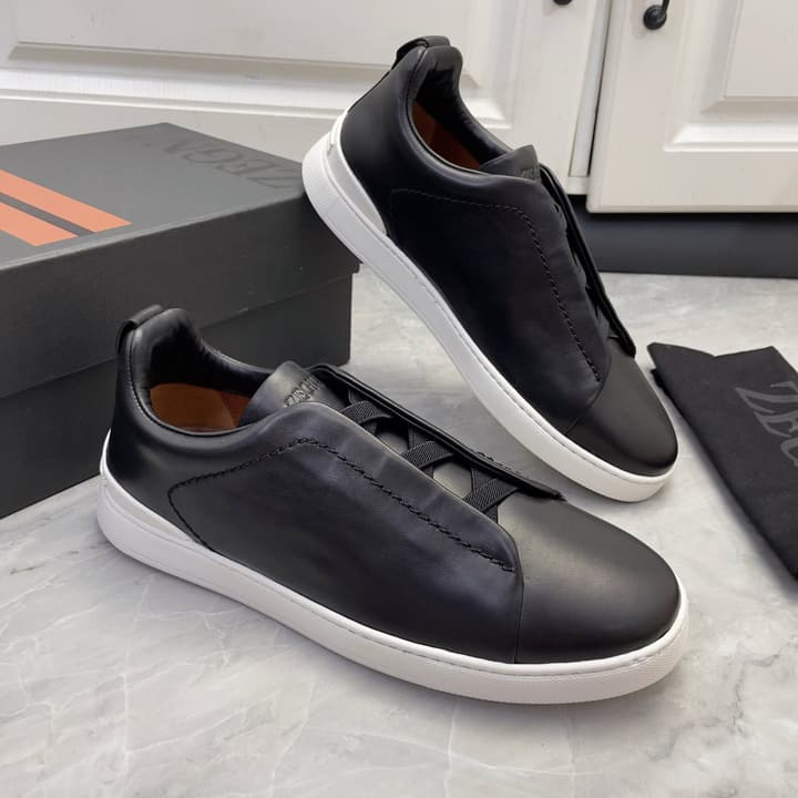 Zegna Triple Stitch Low-Top Sneakers in Navy Blue