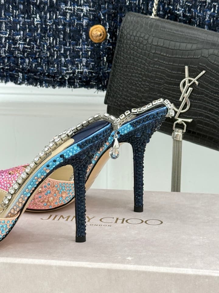 Jimmy Choo Classic Crystal Pointed High-Heeled Sandals in Lavender Yellow Ombre
