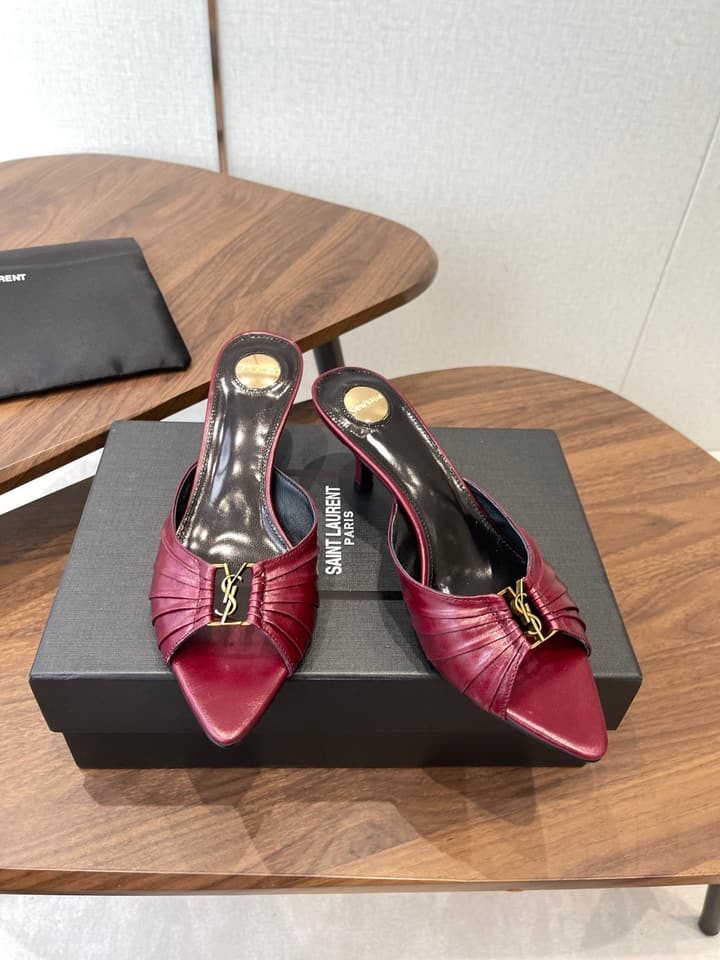 Saint Laurent Pointed Toe Stiletto Heeled Sandals – 26SS in Black - Gold Logo Plaque