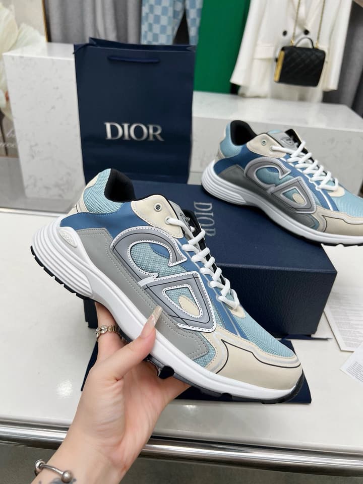 Dior B30 Unisex Mesh and Leather Sneakers in Navy Blue And Grey