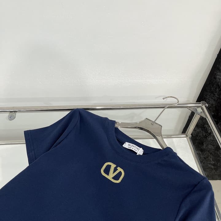 Valentino V-Logo Gold Thread Embroidery T-Shirt in Blue