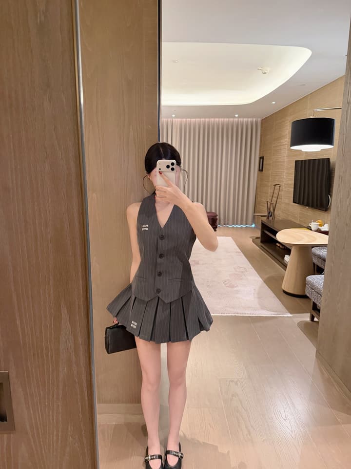 Miu Miu Embroidered Striped Vest & Pleated Skirt Set in Grey