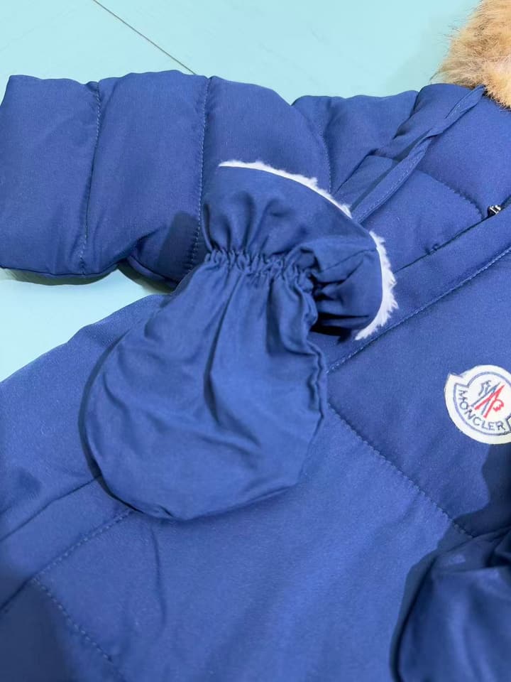 Moncler Classic Infant Padded Romper – 2025FW in Deep Blue With Fur Trim
