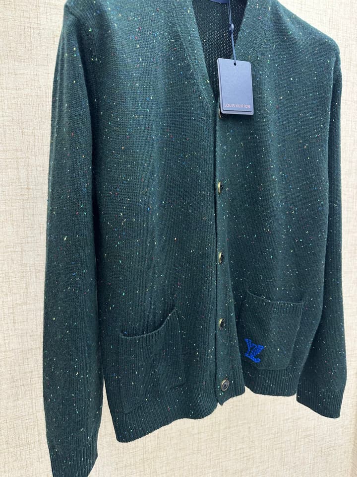 Louis Vuitton Speckled Cashmere V-Neck Cardigan in Deep Green Speckled Cashmere