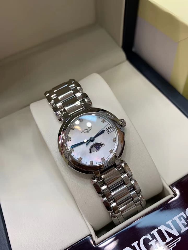 Longines Heart Moon Phase Watch in Stainless Steel Bracelet, White Moon Phase Dial