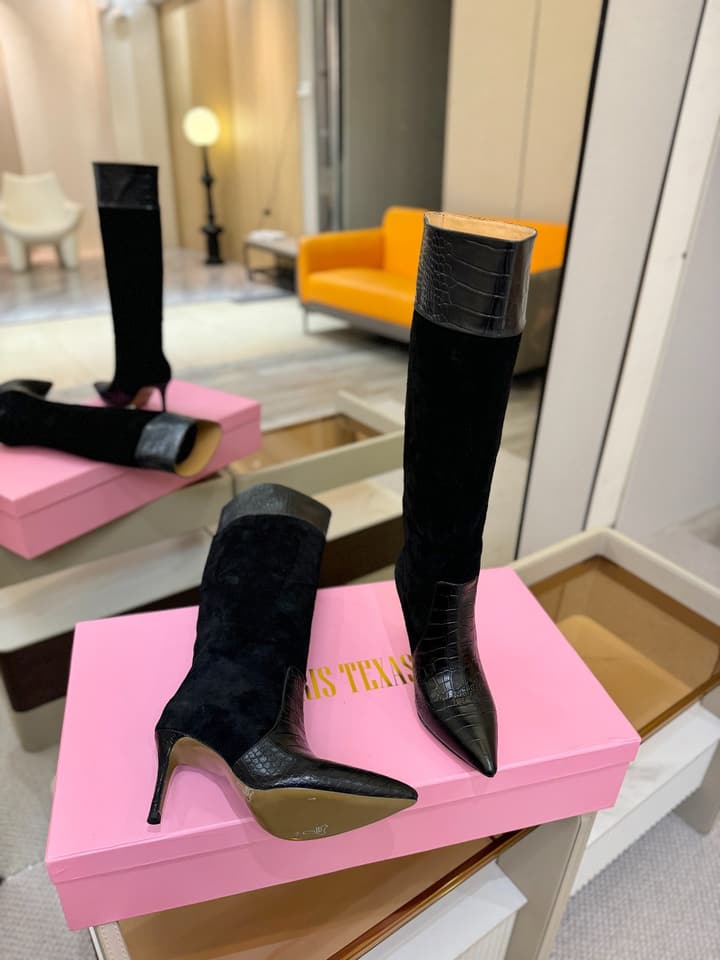 Paris Texas Crocodile Embossed Stiletto Knee-High Boots in Black Suede And Leather