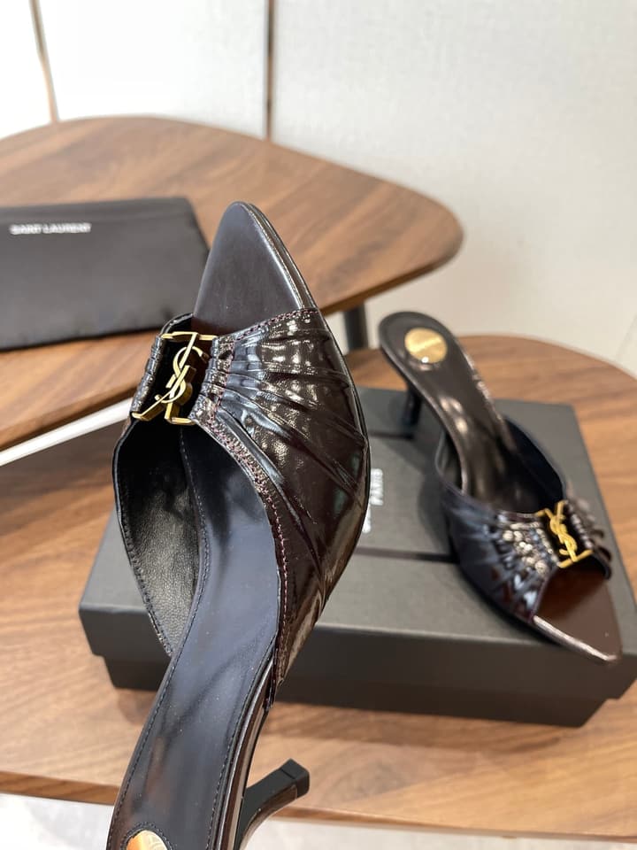Saint Laurent Pointed Toe Stiletto Heeled Sandals – 26SS in Black - Gold Logo Plaque