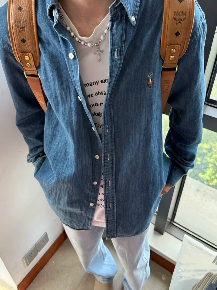 Ralph Lauren Washed Denim Shirt with Embroidered Logo in Dark Wash Denim Flat Lay