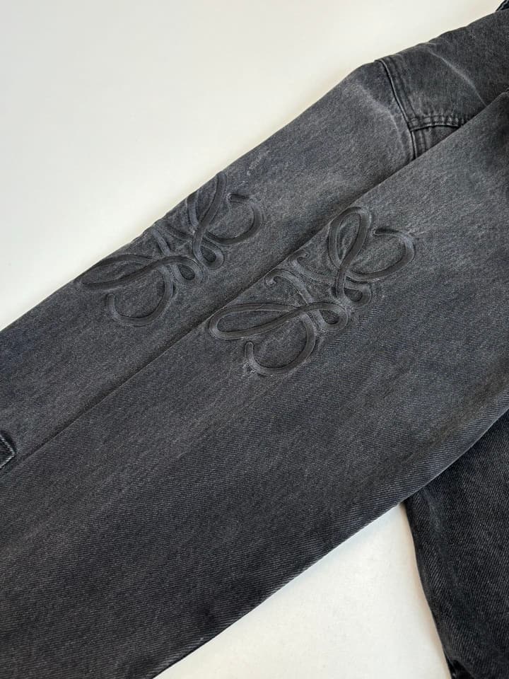 Loewe Embroidered Washed Distressed Denim Jacket in Washed Black
