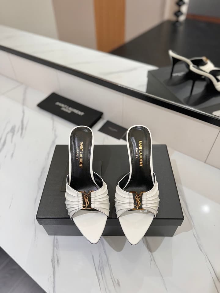 Saint Laurent Crystal Chain Heeled Sandals – 2025 Spring/Summer Collection in Beige