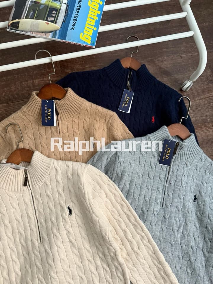 Ralph Lauren Half-Zip Cable Knit Sweater in Khaki