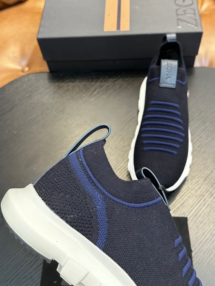 Zegna Techmerino Slip-On Sneakers in Dark Navy With Green Accent