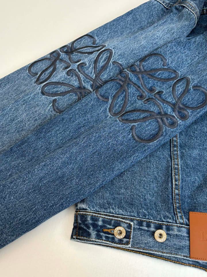 Loewe Embroidered Washed Distressed Denim Jacket in Washed Black