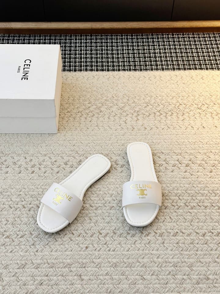 Celine Minimalist Triomphe Flat Sandals – Summer Collection in White