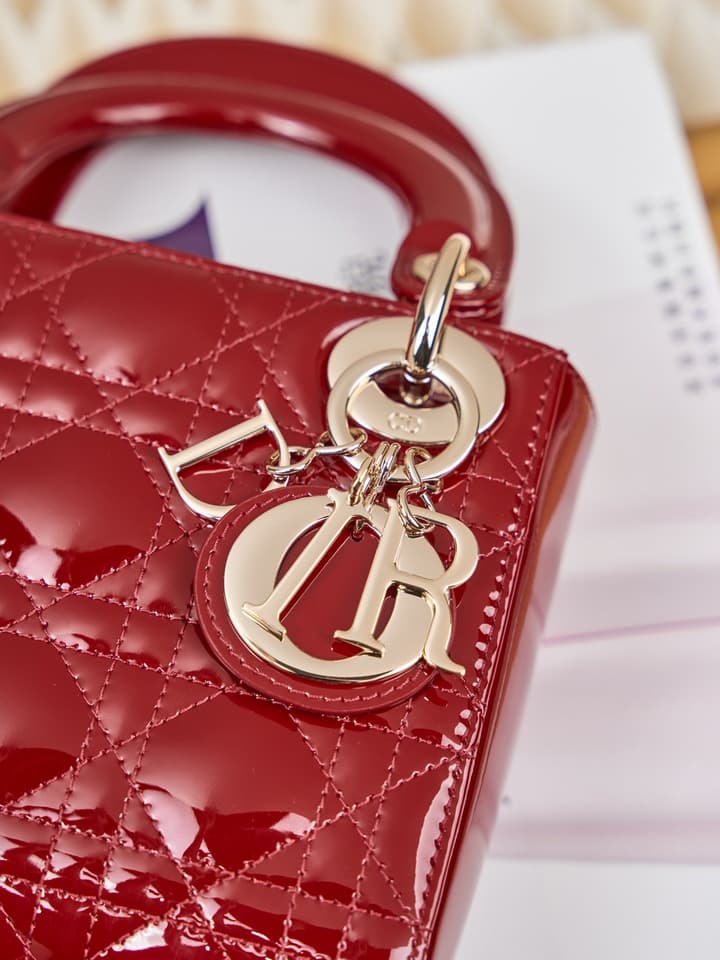 Dior Lady Dior Mini Patent Crossbody Bag in Cherry Red Patent