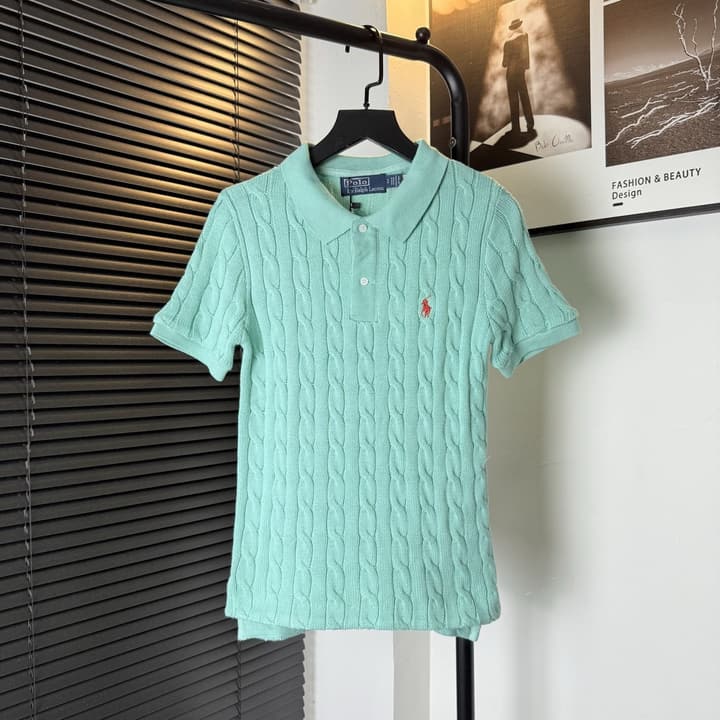 Ralph Lauren Pony Embroidered Cable-Knit Polo Shirt in Baby Blue