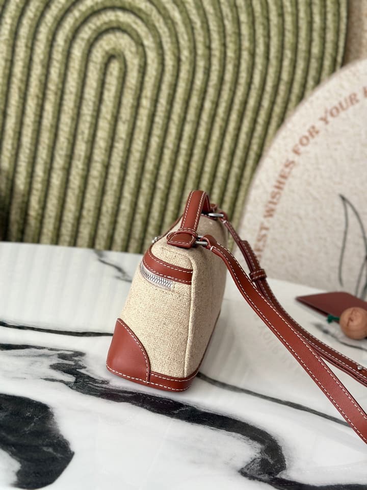 Loro Piana L19 Canvas Crossbody Bag – Spring/Summer Resort Collection in Beige Canvas With Burgundy Trim