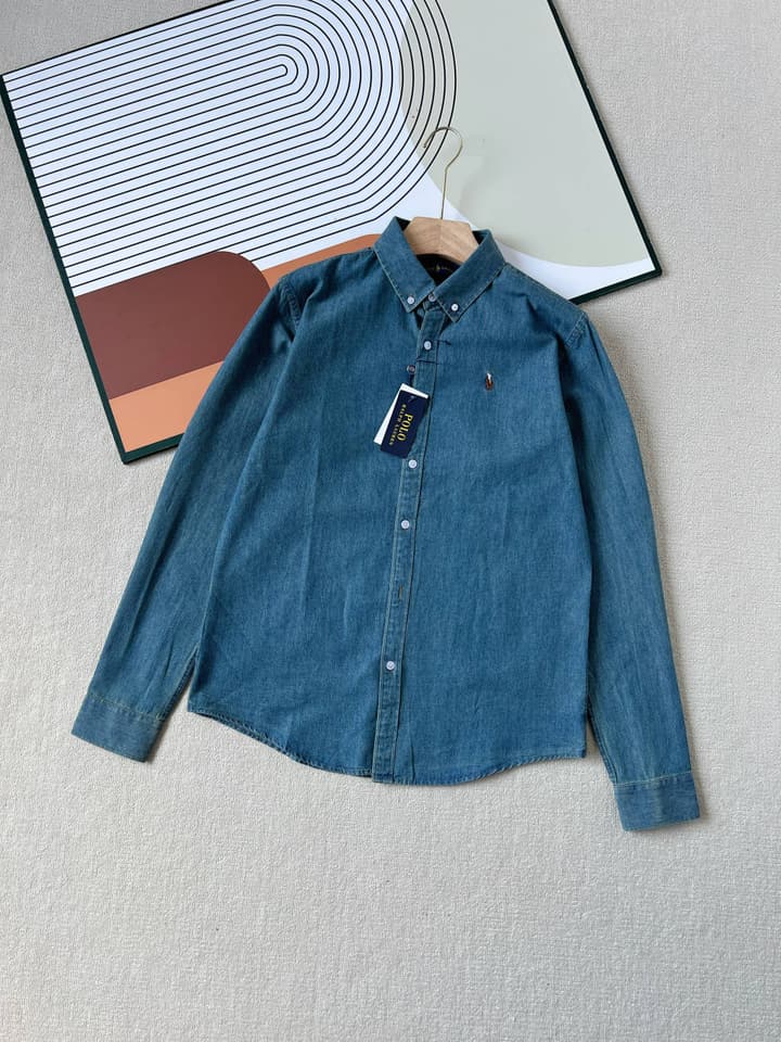 Ralph Lauren Washed Denim Shirt with Embroidered Logo in Dark Wash Denim Flat Lay