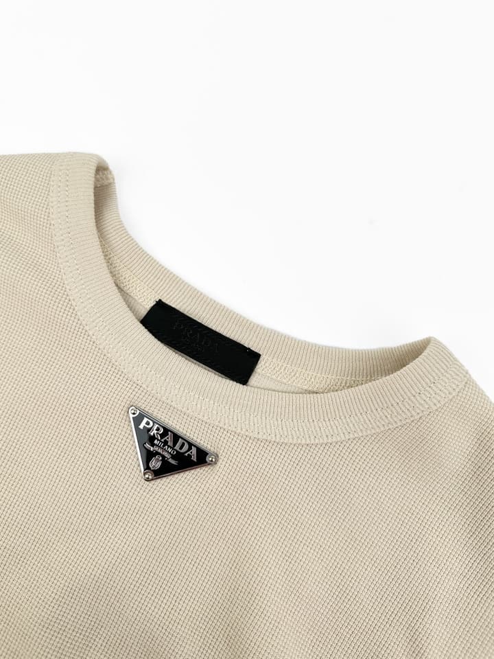 Prada Triangle Logo Waffle T-Shirt in Limestone Beige