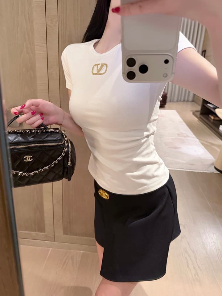 Valentino V-Logo Gold Thread Embroidery T-Shirt in Blue