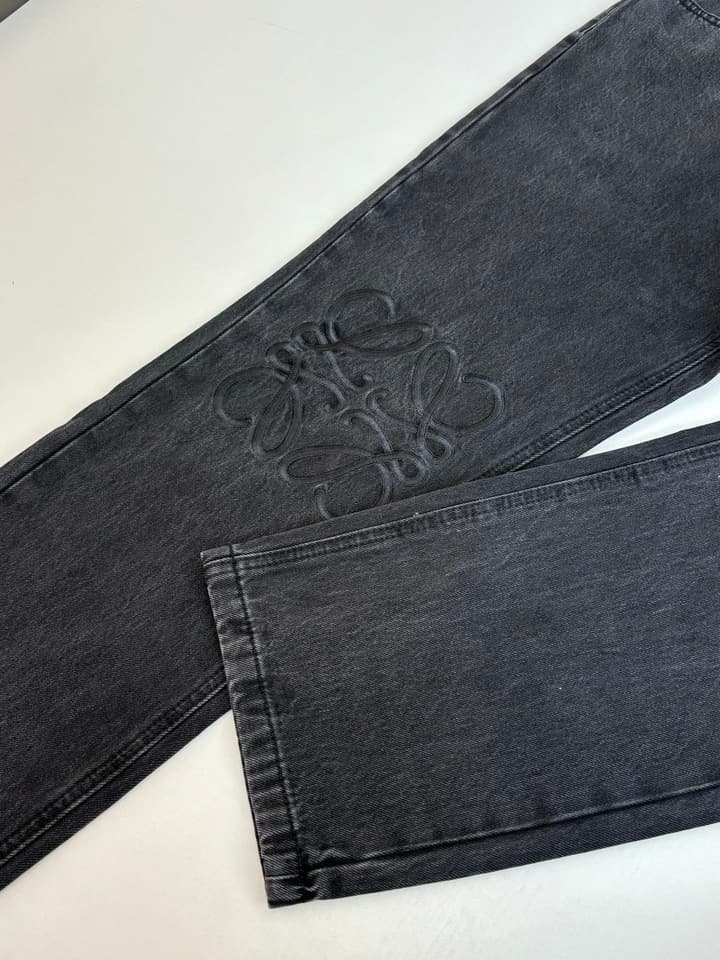 Loewe Anagram Embroidered Washed Distressed Jeans in Washed Black