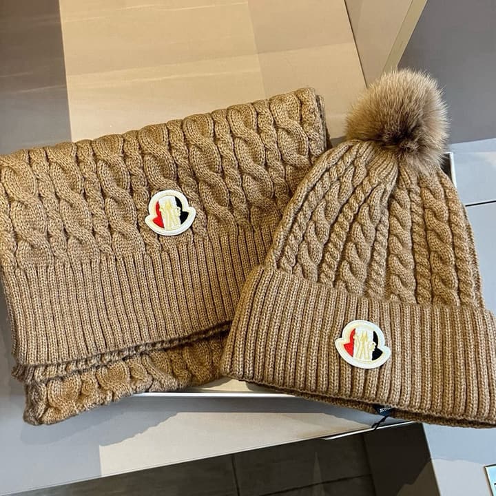 Moncler Knitted Scarf Hat Set in Camel Knit