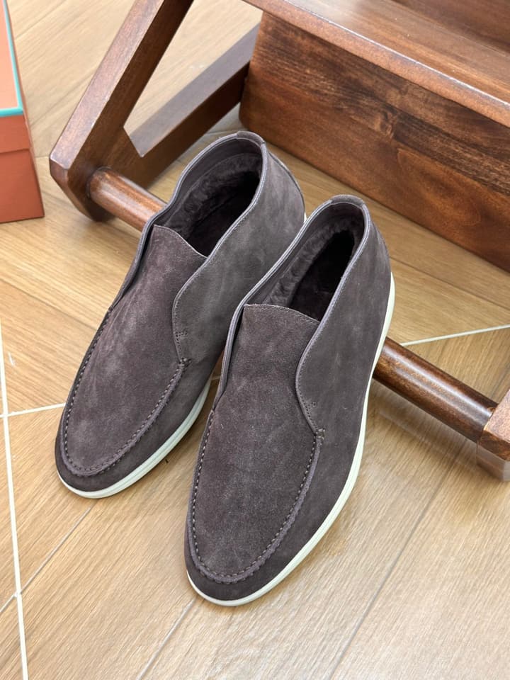 Loro Piana Men's Fur-Lined Boots in Dark Coffee Suede