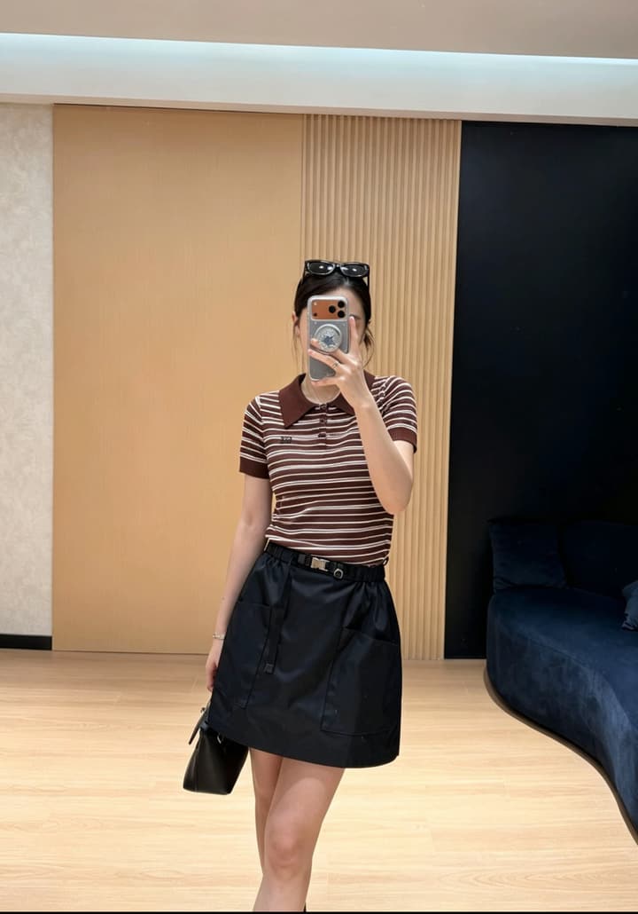 Miu Miu Embroidered Striped Knit Polo Shirt in Brown