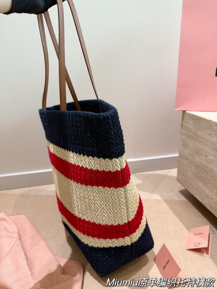 Miu Miu Striped Canvas Tote Bag Collection in Orange And Green Striped Horizontal Tote