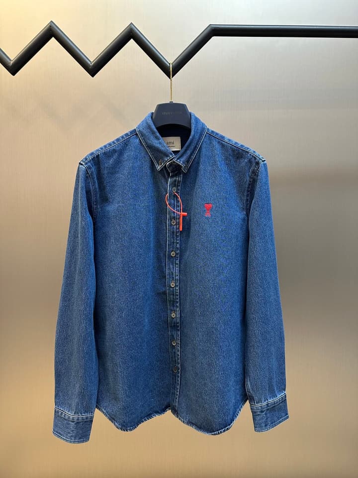 Ami Paris Denim Shirt Jacket with Ami De Coeur Patch in Distressed Denim Blue