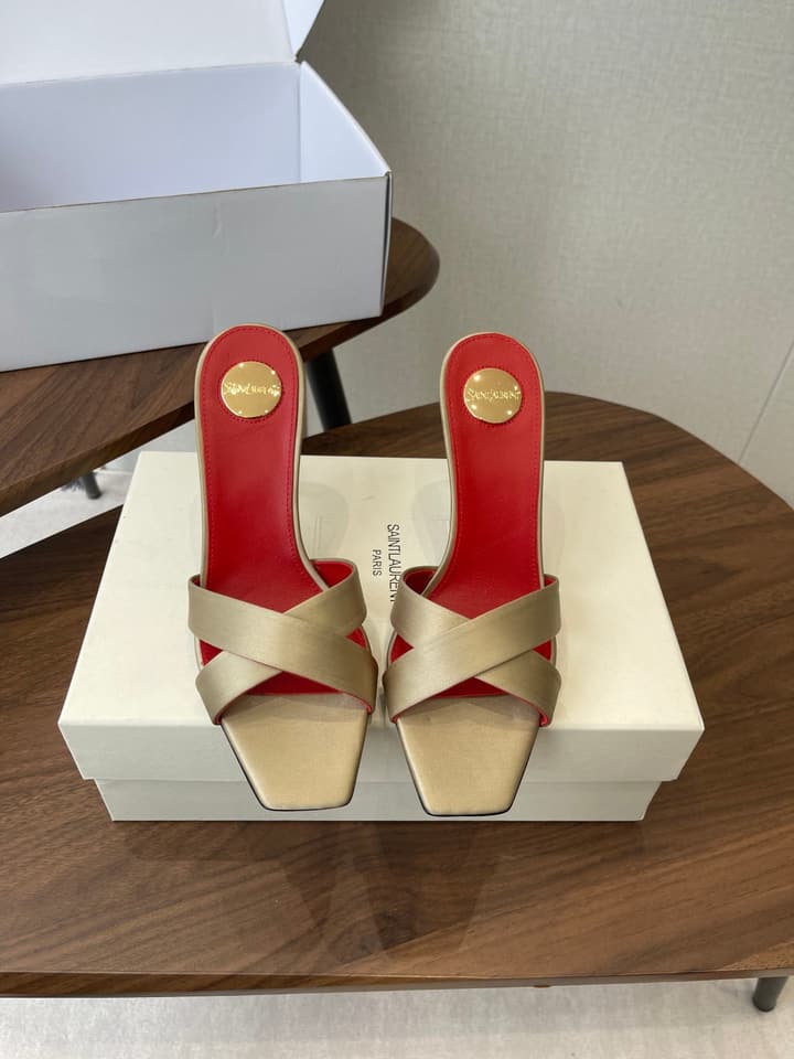 Saint Laurent Opyum Satin Heeled Mules – Early Spring Collection – 26S in Champagne Gold