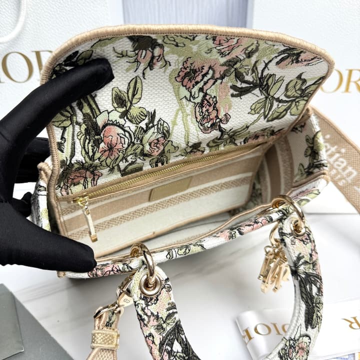 Dior Lady Dior 5-Grid Hand-Embroidered Handbag in Black Embroidered Toile