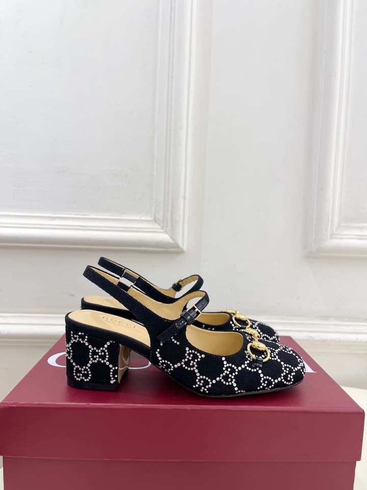 Gucci Classic Horsebit Rhinestone Slingback Sandals – 25SS in Black Monogram Rhinestone