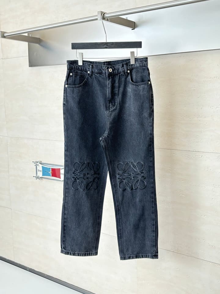 Loewe Anagram Embroidered Washed Distressed Jeans in Washed Black