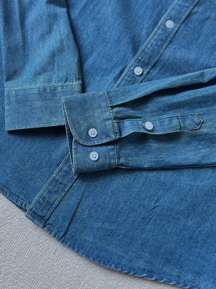 Ralph Lauren Washed Denim Shirt with Embroidered Logo in Dark Wash Denim Flat Lay