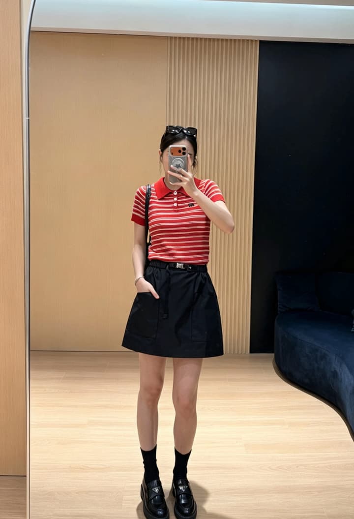 Miu Miu Embroidered Striped Knit Polo Shirt in Brown