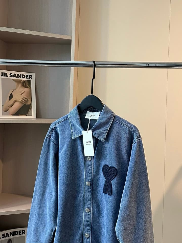 AMI Paris Heart Embroidery Distressed Denim Jacket in Distressed Blue Denim