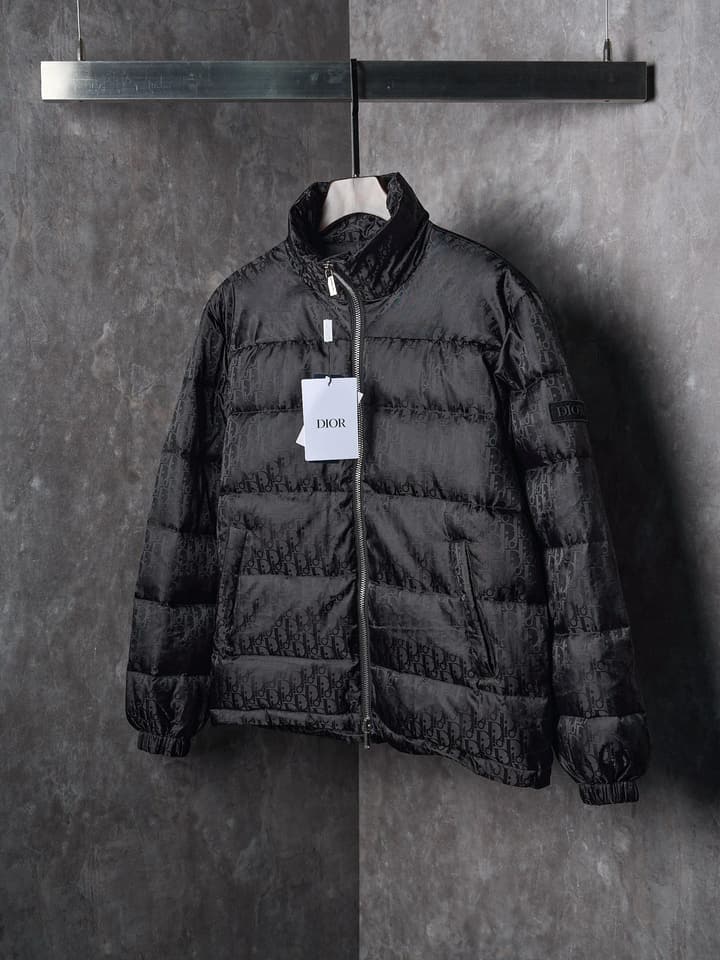 Dior Full Print Jacquard Stand Collar Puffer Jacket in Dark Gray Puffer Jacket