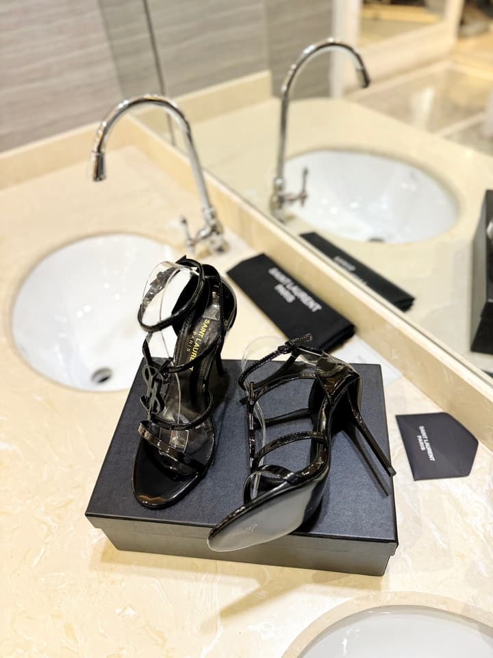 Saint Laurent YSL Logo Lacquer Heeled Sandals in Black Matte With Black Logo